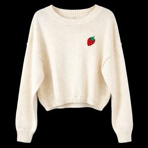 Happily Grey Embroidered Strawberry Sweater Women Size L Cream Slouchy NWT